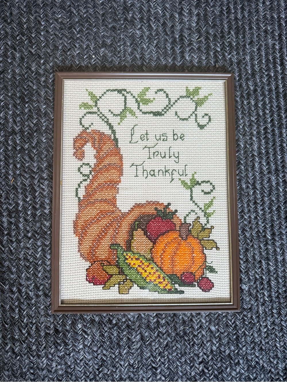 Handcrafted Autumn Cornucopia Cross-Stitch Wall Decor - Orange & Green